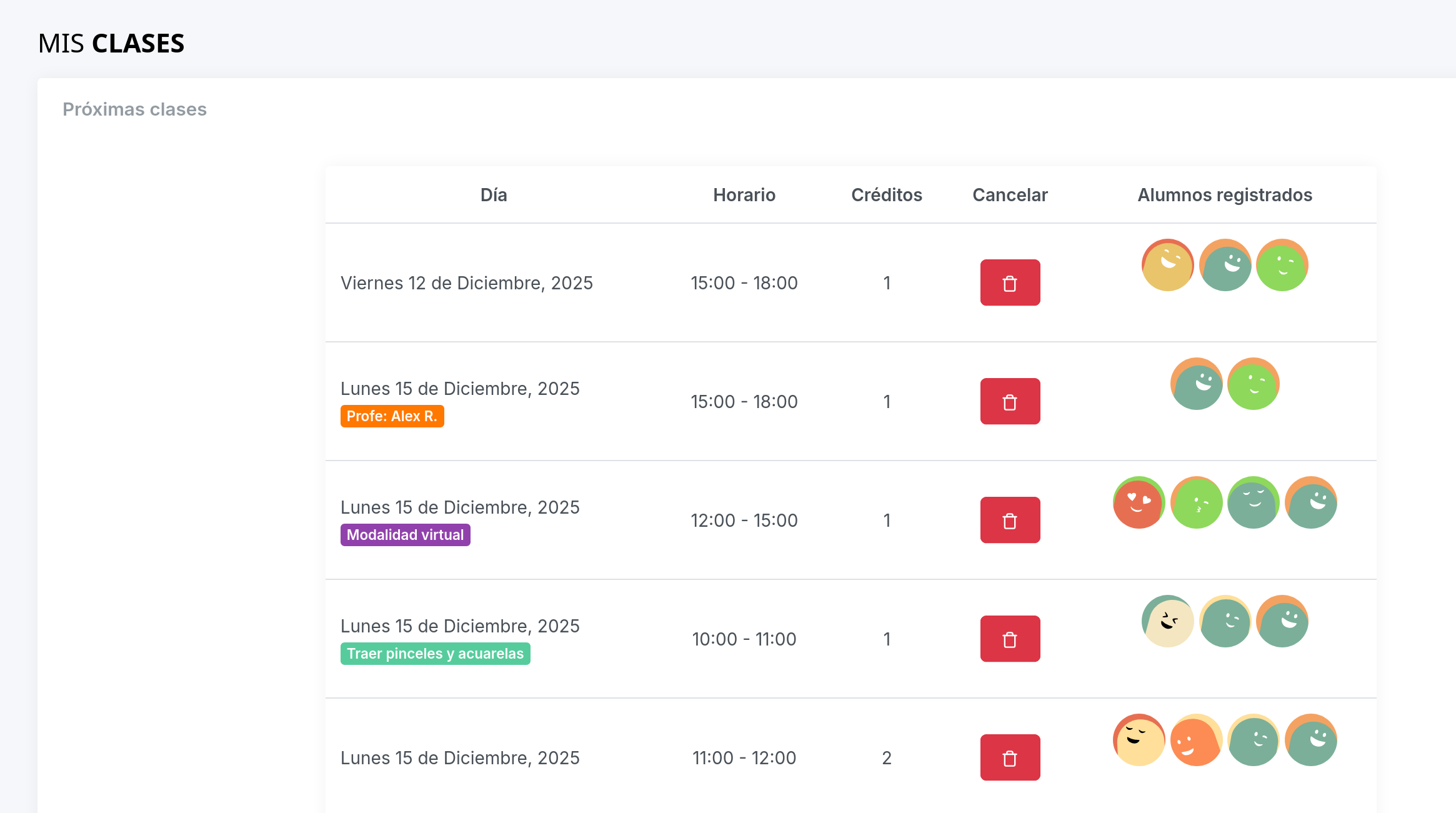 Vista Mis Clases Alumno